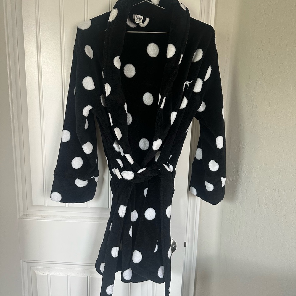 PINK Victoria's Secret Black Robe with White Polka Dots